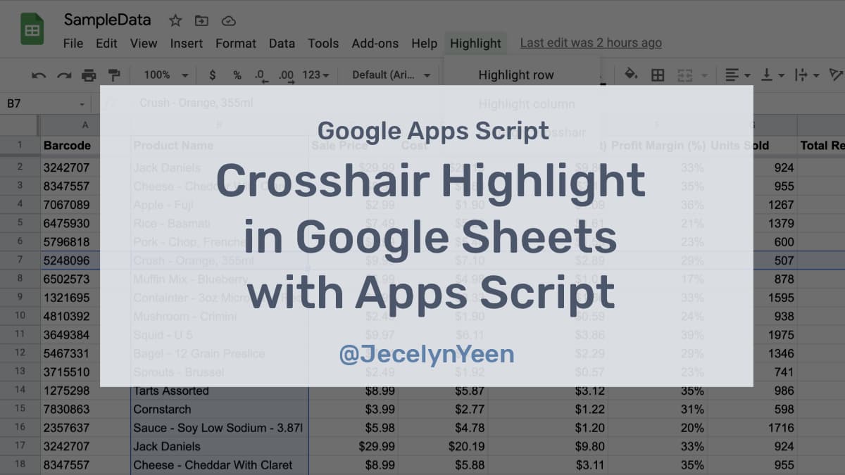 Crosshair Highlight in Google Sheets with Apps Script