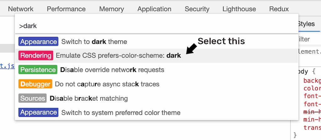 Emulate CSS prefers-color-scheme: dark